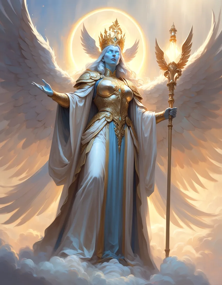Sage, a sky-blue queen of heaven with wide white wings, a golden winged crown and a halo, in white and gold armoured robes, holding a staff of light